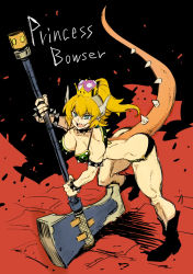 Rule 34 | 1girl, armlet, blonde hair, blue eyes, boots, bowsette, bracelet, collar, commentary request, crown, highres, horns, jewelry, kurose kousuke, mario (series), muscular, muscular female, new super mario bros. u deluxe, nintendo, sharp teeth, spiked armlet, spiked bracelet, spiked collar, spiked tail, spikes, super crown, tail, teeth, third-party edit, toned
