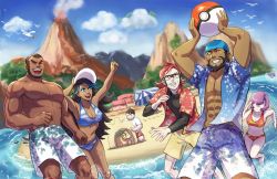 Rule 34 | 2girls, 4boys, :d, abs, alternate costume, archie (pokemon), arms up, ball, beach umbrella, beachball, beard, biceps, bikini, black-framed eyewear, blue bikini, blue hair, breasts, brown hair, chips n cookies, cleavage, clenched teeth, closed eyes, cloud, commentary, courtney (pokemon), creatures (company), dark-skinned male, dark skin, day, english commentary, facial hair, footprints, game freak, gen 3 pokemon, glasses, grin, hat, holding, kneeling, knees, lens flare, male swimwear, matt (pokemon), maxie (pokemon), mountain, multicolored hair, multiple boys, multiple girls, muscular, muscular male, nintendo, numel, one eye closed, open clothes, open mouth, open shirt, outdoors, pectoral cleavage, pectorals, pokemon, pokemon (creature), pokemon oras, poochyena, print male swimwear, sand, sand castle, sand sculpture, sharp teeth, shelly (pokemon), shirt, shore, short hair, short sleeves, sky, smile, steam, streaked hair, swim trunks, swimsuit, t-shirt, tabitha (pokemon), team aqua, team magma, teeth, tongue, umbrella, undershirt, upper teeth only, volcano, water, white headwear, white male swimwear, white shirt, wingull, yellow male swimwear