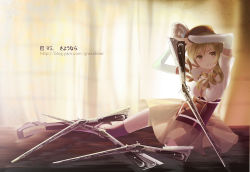Rule 34 | 10s, 1girl, antique firearm, arms up, backlighting, beret, blonde hair, blush, boots, brown thighhighs, cao xiong, corset, detached sleeves, drill hair, firearm, firelock, flintlock, gun, hair ornament, hairpin, hat, highres, kneeling, light smile, magical girl, magical musket, mahou shoujo madoka magica, mahou shoujo madoka magica (anime), perspective, pleated skirt, puffy sleeves, ribbon, rifle, signature, skirt, smile, solo, striped, thighhighs, tomoe mami, tomoe mami (magical girl), twin drills, twintails, vertical stripes, watermark, weapon, zettai ryouiki