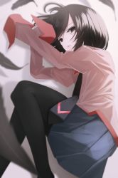 Rule 34 | 1girl, black eyes, black feathers, black hair, black necktie, black pantyhose, black skirt, bob cut, curled up, empty eyes, feathers, highres, juliet sleeves, long sleeves, looking at viewer, looking to the side, looking up, lying, messy hair, monogatari (series), necktie, on side, open mouth, oshino ougi, pantyhose, pink shirt, pleated skirt, puffy sleeves, shirt, skirt, sleeves past fingers, sleeves past wrists, solo, yamada maya (yamdmay)