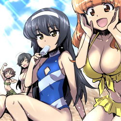 Rule 34 | 10s, 4girls, ahoge, akiyama yukari, arm support, beach, bikini, bikini shorts, bikini skirt, black hair, blue one-piece swimsuit, blunt bangs, breasts, brown eyes, brown hair, camouflage, camouflage bikini, cleavage, closed eyes, cloud, cloudy sky, commentary request, cupping hands, day, food, front-tie bikini top, front-tie top, girls und panzer, green bikini, hairband, halterneck, holding, holding food, isuzu hana, large breasts, long hair, looking at viewer, messy hair, mouth hold, multiple girls, nakahira guy, one-piece swimsuit, open mouth, orange eyes, orange hair, outdoors, own hands together, popsicle, raised fist, reizei mako, short hair, shorts, sitting, sky, small breasts, smile, standing, sunlight, swimsuit, takebe saori, white bikini, white hairband, yellow bikini