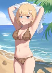 Rule 34 | 1girl, absurdres, armpits, arms up, bikini, blonde hair, blue eyes, bob cut, breasts, brown bikini, cleavage, commentary, cowboy shot, english commentary, grin, hair ornament, highres, hololive, hololive english, large breasts, looking at viewer, navel, ocean, plaid, plaid bikini, shadow, shift (shiftillust), shirt, short hair, smile, solo, standing, stomach, swimsuit, undressing, virtual youtuber, water, watson amelia, white shirt