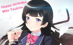 Rule 34 | 1girl, black hair, black jacket, blazer, blue eyes, blurry, blurry background, blurry foreground, bow, braid, brown sweater, character name, closed mouth, collared shirt, commentary request, crowbar, depth of field, dress shirt, fingernails, hair ornament, hairclip, hands up, happy birthday, holding, holding crowbar, jacket, long hair, long sleeves, looking at viewer, nijisanji, pink bow, school uniform, shirihime, shirt, solo, sweater, tsukino mito, tsukino mito (1st costume), very long hair, virtual youtuber, white shirt