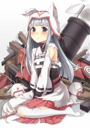 Rule 34 | 1girl, bad id, bad pixiv id, blush, cannon, commentary request, dabadhi, flag, grey eyes, hat, highres, inuyama (oshiro project), looking at viewer, oshiro project:re, oshiro project:re, silver hair, sitting, solo, thighhighs, torn clothes, torn thighhighs, white background, white flag