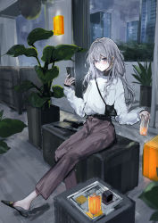 Rule 34 | 1girl, absurdres, bag, belt, blush, cellphone, cup, drinking glass, earrings, grey hair, handbag, highres, jewelry, long hair, looking at viewer, maria (syake-uni), original, phone, plant, potted plant, purple eyes, sitting, sleeves past wrists, slippers, smartphone, solo