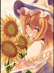 Rule 34 | 1girl, blonde hair, closed eyes, congratulations, english text, engrish text, face, female focus, flower, grin, hair between eyes, hat, kirisame marisa, long hair, ranguage, simple background, smile, solo, spanish text, suikamaru, sunflower, teeth, touhou, witch, witch hat