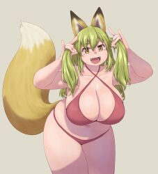 Rule 34 | 1girl, animal ears, bikini, breasts, cleavage, collarbone, commentary request, cowboy shot, fangs, green hair, grey background, hair between eyes, highres, huge breasts, katou (katohayabusa), large tail, leaning forward, long hair, looking at viewer, navel, open mouth, original, red bikini, sidelighting, simple background, solo, swimsuit, tail, thick thighs, thighs, yellow eyes, yellow tail