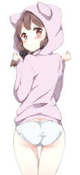 1girl animal_hood ass bad_id bad_pixiv_id blush brown_eyes female_focus gyuunyuu_nomio highres hood hoodie joshi_shougakusei_hajimemashita looking_at_viewer looking_back no_pants original panties polka_dot polka_dot_panties red_eyes simple_background smile solo underwear unmoving_pattern white_background white_panties