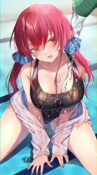Rule 34 | 1girl, absurdres, bare shoulders, black one-piece swimsuit, blue scrunchie, blush, breasts, cleavage, collarbone, competition swimsuit, hair between eyes, hair ornament, hair scrunchie, heterochromia, highleg, highleg swimsuit, highres, hololive, houshou marine, kairi (miry666), large breasts, long hair, looking at viewer, off shoulder, one-piece swimsuit, open mouth, pov, red eyes, red hair, scrunchie, see-through, see-through shirt, shirt, solo, swimsuit, thighs, virtual youtuber, white shirt, yellow eyes