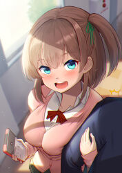 Rule 34 | 1boy, 1girl, arm grab, blue eyes, blush, bow, bowtie, breast press, breasts, brown hair, cardigan, cellphone, from above, hallway, indoors, large breasts, locked arms, long hair, looking at viewer, maku ro, miniskirt, one side up, open mouth, original, phone, school uniform, shirt, sidelocks, skirt, smartphone, smile, solo focus, upturned eyes, white shirt, wing collar