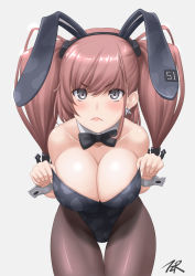 Rule 34 | 1girl, animal ears, artist name, atlanta (kancolle), black leotard, black pantyhose, blush, breasts, brown hair, cleavage, closed mouth, collarbone, cowboy shot, detached collar, earrings, fake animal ears, grey background, grey eyes, highres, jewelry, kantai collection, large breasts, leotard, long hair, pantyhose, rabbit ears, signature, simple background, solo, star (symbol), star earrings, t2r, two side up, wrist cuffs