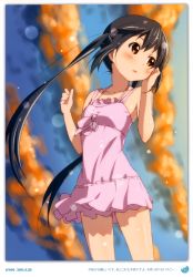 Rule 34 | 1girl, 2011, absurdres, bare shoulders, black hair, blush, brown eyes, dated, dress, errant, frilled dress, frills, highres, k-on!, long hair, nakano azusa, sleeveless, solo, sundress, twintails