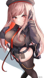 Rule 34 | 1girl, absurdres, ammunition belt, arm up, artist name, assault rifle, belt pouch, beret, black choker, black gloves, black hat, black jacket, black leotard, black thighhighs, breasts, brown eyes, brown hair, choker, closed mouth, collared leotard, commentary request, cropped jacket, foreshortening, from above, gloves, goddess of victory: nikke, gun, hands up, hat, highres, jacket, large breasts, leotard, long hair, long sleeves, looking at viewer, necktie, pouch, rapi (nikke), red necktie, rifle, shadow, sidelocks, simple background, skindentation, solo, standing, swept bangs, ta1sh1, thighhighs, weapon, white background