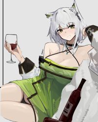 Rule 34 | 1girl, animal ears, arknights, bare shoulders, black panties, blush, breasts, cat ears, cleavage, commentary, criss-cross halter, cup, cupping glass, dress, green dress, green eyes, grey background, grin, halterneck, hands up, head tilt, highres, holding, holding cup, kal&#039;tsit (arknights), large breasts, looking at viewer, nuggetkouhai, off shoulder, panties, pencil dress, short dress, short hair, simple background, smile, solo, thighs, transparent background, underwear, white hair