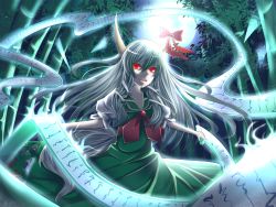 Rule 34 | 1girl, bamboo, bamboo forest, dress, ex-keine, forest, full moon, glowing, glowing eyes, green dress, highres, horn ornament, horn ribbon, horns, ichinose rom, kamishirasawa keine, long hair, moon, nature, night, red eyes, ribbon, scroll, silver hair, solo, tail, touhou, very long hair