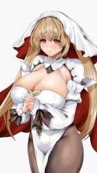 Rule 34 | 1girl, azur lane, black pantyhose, blonde hair, breasts, cleavage, cleavage cutout, closed mouth, clothing cutout, cowboy shot, dress, hair between eyes, highres, huge breasts, kersaint (azur lane), long hair, long sleeves, looking at viewer, own hands clasped, own hands together, pantyhose, pelvic curtain, red eyes, simple background, solo, standing, takeshiki no hirata, veil, white background, white dress