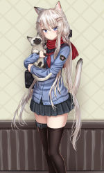 Rule 34 | 1girl, 9a-91 (girls&#039; frontline), animal, animal ears, bad id, bad twitter id, bag, black skirt, black thighhighs, blue eyes, blue shirt, carrying, cat, cat ears, cat girl, cat tail, closed mouth, duffel bag, girls&#039; frontline, hair ornament, hair scrunchie, hairclip, highres, kemonomimi mode, long hair, long sleeves, looking at viewer, low twintails, miniskirt, neckerchief, patch, pleated skirt, sailor collar, scarf, scrunchie, shirt, siamese cat, silver hair, skirt, solo, standing, tail, tail raised, thighhighs, twintails, very long hair, yakob labo, zettai ryouiki