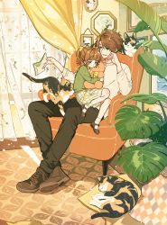 Rule 34 | 1boy, 1girl, age difference, black pants, boots, brown footwear, brown hair, cat, chair, child, curtains, drawing (object), green shirt, highres, keishin, leaf, original, pants, parted lips, plaid, plaid skirt, plant, shadow, shirt, short hair, sitting, skirt, smile, sweater, white skirt, white sweater, wide shot, window