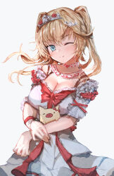 Rule 34 | 1girl, absurdres, advarcher, akai haato, akai haato (6th costume), blonde hair, blue eyes, blush, breasts, choker, cleavage, collar, detached collar, dress, frilled skirt, frills, haaton (akai haato), highres, hololive, large breasts, looking at viewer, medium hair, medium skirt, official alternate costume, one eye closed, puffy short sleeves, puffy sleeves, short sleeves, sidelocks, skirt, smile, tiara, twintails, virtual youtuber, white background, white choker, white collar, white dress, white skirt