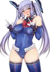 Rule 34 | 1girl, :o, alternate costume, alternate hairstyle, bare shoulders, blonde hair, blue one-piece swimsuit, blunt bangs, blush, breasts, collarbone, cosplay, covered erect nipples, covered navel, dead or alive, detached sleeves, eyebrows, frills, gloves, gluteal fold, hair ribbon, headgear, kantai collection, leotard, light purple hair, long hair, looking at viewer, marie rose, marie rose (cosplay), medium breasts, murakumo (kancolle), one-piece swimsuit, open mouth, orange eyes, ribbon, silver hair, simple background, sleeveless, solo, swimsuit, thigh gap, thighhighs, thighs, tress ribbon, twintails, white background, yellow eyes, yuzumiya mono