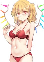 Rule 34 | 1girl, armpits, arms behind back, bad id, bad pixiv id, bare arms, bare shoulders, blonde hair, bow, bow bra, bra, breasts, cleavage, collarbone, colored eyelashes, cowboy shot, crystal, demon wings, flandre scarlet, hair between eyes, head tilt, highres, lace, lace-trimmed bra, lace trim, looking at viewer, moruchi (rinaka moruchi), navel, panties, red bow, red bra, red eyes, red panties, short hair, side ponytail, simple background, smile, solo, standing, star-shaped pupils, star (symbol), stomach, strap gap, symbol-shaped pupils, tareme, touhou, underwear, underwear only, white background, wings