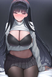 Rule 34 | 1girl, arm support, arm under breasts, black bra, black hair, black pantyhose, black skirt, blue archive, blush, bra, breasts, cleavage, clothes lift, highres, large breasts, long hair, long sleeves, navel, pantyhose, pleated skirt, red eyes, rio (blue archive), shirt, shirt lift, shougun (chuckni1), sitting, skirt, solo, stomach, straight hair, sweat, underwear, very long hair, white shirt