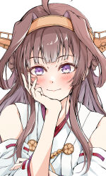 Rule 34 | 1girl, absurdres, ahoge, bare shoulders, blush, brown hair, closed mouth, dairyo3, detached sleeves, fingernails, hairband, headgear, highres, japanese clothes, kantai collection, kongou (kancolle), kongou kai ni (kancolle), long hair, looking at viewer, nontraditional miko, purple eyes, simple background, smile, solo, upper body, white background, white sleeves, wide sleeves