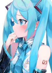 Rule 34 | 1girl, aqua eyes, aqua hair, aqua necktie, bare shoulders, black sleeves, blush, breasts, character name, collared shirt, commentary, detached sleeves, grey shirt, hair between eyes, hair ornament, hand to own mouth, hand up, hatsune miku, highres, long hair, long sleeves, looking to the side, necktie, number tattoo, shirt, shoulder tattoo, sidelocks, simple background, sleeveless, sleeveless shirt, small breasts, solo, takepon1123, tattoo, twintails, upper body, vocaloid, white background, wide sleeves