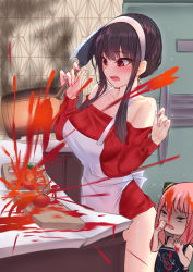 Rule 34 | 2girls, anya (spy x family), apron, black hair, blush, breasts, broken, child, cooking, counter, cutting board, earrings, food, food on clothes, food on face, food on hair, from side, gold earrings, hairband, hands up, holding, holding knife, jewelry, kitchen, kitchen knife, knife, large breasts, microwave, mother and daughter, multiple girls, no pants, off-shoulder sweater, off shoulder, open mouth, pink hair, popoman, red eyes, red sweater, short hair with long locks, sidelocks, smoke, spy x family, sweatdrop, sweater, tomato, white apron, white hairband, yor briar, you&#039;re doing it wrong