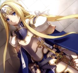 Rule 34 | 1girl, alice zuberg, armor, armored dress, blonde hair, blue cape, blue eyes, breastplate, brick wall, cape, dagger, gauntlets, hairband, highres, knife, long hair, looking at viewer, ponytail, sheath, solo, sword, sword art online, sword art online: alicization, very long hair, weapon, white armor