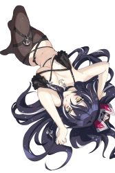 Rule 34 | 1girl, anchor choker, arms up, artist request, bad perspective, belt, bikini, black bikini, black hair, black pantyhose, braid, breasts, choker, commission, counter:side, dracasia, grin, hair between eyes, hair ornament, highres, large breasts, long hair, lying, multicolored hair, navel, on back, pantyhose, second-party source, side braid, slit pupils, smile, solo, streaked hair, swimsuit, thigh strap, thighs, white hair, yellow eyes