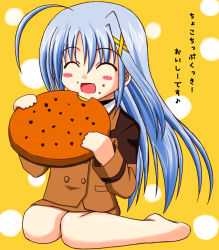 Rule 34 | 00s, 1girl, ^ ^, blue hair, blush, buttons, closed eyes, cookie, double-breasted, eating, food, food on face, hair ornament, kneeling, long hair, lyrical nanoha, mahou shoujo lyrical nanoha, mahou shoujo lyrical nanoha strikers, military, military uniform, mini person, minigirl, open mouth, oversized object, reinforce zwei, solo, translated, uniform, x hair ornament