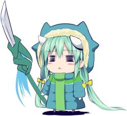 Rule 34 | 1girl, = =, blue jacket, bow, chibi, fate/grand order, fate (series), green hair, hair bow, hood, hoodie, horns, jacket, kiyohime (fate), long hair, long sleeves, polearm, sen (astronomy), simple background, solo, triangle mouth, weapon, white background, yellow bow