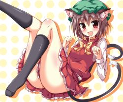 Rule 34 | 1girl, animal ears, ass, blush, bow, brown hair, cat ears, cat tail, chen, ear piercing, earrings, fang, jewelry, legs up, looking at viewer, multiple tails, naba (take tonbo), nekomata, open mouth, piercing, red eyes, shirt, single earring, skirt, skirt set, smile, solo, tail, touhou, vest