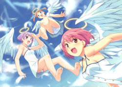 Rule 34 | 3girls, :d, absurdres, angel, angel wings, barefoot, blonde hair, blue eyes, brown eyes, cloud, day, dress, feathers, feet, flying, hair ornament, hairclip, halo, halterneck, highres, image sample, kuuchuu yousai, light rays, multiple girls, open mouth, original, outdoors, panties, pink hair, purple eyes, purple hair, salute, scan, short hair, short twintails, sky, smile, soles, striped clothes, striped panties, sunbeam, sunlight, toes, twintails, underwear, wings