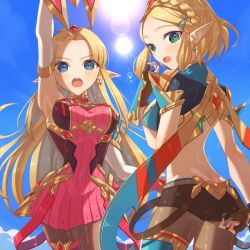 Rule 34 | 2girls, adjusting clothes, aegis sword (xenoblade), armor, ass, bare shoulders, black gloves, blonde hair, blush, bob cut, breasts, cosplay, fingerless gloves, gloves, headpiece, jewelry, large breasts, long hair, looking at viewer, miri (cherryjelly), multiple girls, mythra (massive melee) (xenoblade), mythra (xenoblade), mythra (xenoblade) (cosplay), nintendo, open mouth, pantyhose, pantyhose under shorts, pointy ears, princess zelda, pyra (xenoblade), pyra (xenoblade) (cosplay), short hair, short shorts, shorts, simple background, super smash bros., swept bangs, the legend of zelda, the legend of zelda: a link between worlds, the legend of zelda: breath of the wild, the legend of zelda: tears of the kingdom, thigh strap, thighhighs, tiara, very long hair, xenoblade chronicles (series), xenoblade chronicles 2, yellow eyes