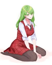 Rule 34 | 1girl, adapted costume, arms between legs, black necktie, black pantyhose, breasts, collared shirt, commentary, green eyes, green hair, kazami yuuka, kazami yuuka (pc-98), large breasts, long hair, necktie, no shoes, on floor, pantyhose, plaid, plaid skirt, plaid vest, red skirt, red vest, shirt, sitting, skirt, skirt set, sleeves rolled up, solo, tohoyuukarin, touhou, vest, wariza, white background, white shirt