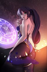 Rule 34 | 1girl, ass, black hair, breasts, finger to mouth, genshin impact, hand on own thigh, highres, jackary, leg up, leotard, looking at viewer, looking back, median furrow, mona (genshin impact), no shoes, pantyhose, small breasts, solo, twintails