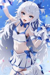 Rule 34 | 1girl, :d, arms up, black sports bra, blue bow, blue bowtie, blue eyes, blue ribbon, blue skirt, blush, bow, bowtie, breasts, cheerleader, cleavage, crop top, goddess of victory: nikke, hair ribbon, highres, long hair, looking at viewer, milmil7, navel, official alternate costume, open mouth, poli (cheer up police) (nikke), poli (nikke), pom pom (cheerleading), ribbon, shoes, short twintails, sidelocks, skirt, small breasts, smile, sneakers, socks, solo, sports bra, twintails, two-tone skirt, very long hair, wavy hair, white hair, white skirt, white socks
