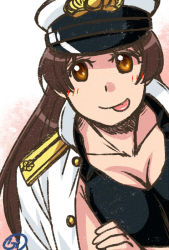 Rule 34 | 10s, 1girl, :p, blush, brown eyes, brown hair, buntaichou, collarbone, comic, crossed arms, female admiral (kancolle), hat, jacket, jacket on shoulders, kantai collection, long hair, ponytail, solo, tongue, tongue out
