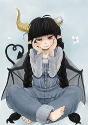 Rule 34 | 1girl, bandages, barefoot, black hair, blush, braid, broken horn, demon girl, demon horns, demon tail, demon wings, ebimomo, fang, fang out, feet, flower, full body, hands on own cheeks, hands on own face, heart, heart tail, highres, horns, indian style, long hair, looking at viewer, original, overalls, pointy ears, red eyes, sitting, smile, solo, tail, toes, twin braids, wings