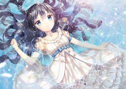 Rule 34 | 1girl, afloat, black hair, blue eyes, dress, gradient background, hair ornament, jewelry, lens flare, long hair, original, partially submerged, saban, smile, solo, star (symbol)