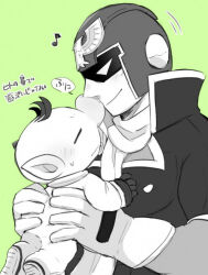 Rule 34 | 2boys, alien, animal print, big nose, bird, bird print, blush, captain falcon, closed mouth, collared jacket, commentary request, f-zero, falcon, frown, gloves, green background, greyscale with colored background, hair ornament, height difference, helmet, high collar, jacket, large pectorals, long sleeves, motion lines, multiple boys, musical note, nintendo, no headwear, noses touching, olimar, pectorals, pikmin (series), pointy ears, scarf, short hair, smile, spacesuit, speech bubble, super smash bros., sweatdrop, translation request, ukyo (80123), very short hair, yaoi