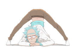 Rule 34 | 1boy, arched back, arm rest, bad id, bad pixiv id, flexible, full body, hands on ground, highres, jack-o&#039; challenge, lab coat, legs apart, looking at viewer, male focus, meme, messy hair, rick and morty, rick sanchez, short hair, simple background, solo, spiked hair, spread legs, stretching, top-down bottom-up, white background, white hair, wide spread legs