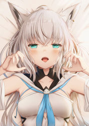 Rule 34 | 1girl, absurdres, ahoge, animal ear fluff, animal ears, bed sheet, blue neckerchief, blush, braid, breasts, commentary request, detached sleeves, earrings, fox ears, fox girl, green eyes, hair between eyes, highres, hololive, hololive gamers, hood, hoodie, jewelry, long hair, looking at viewer, lying, neckerchief, on back, open mouth, rimamo, shirakami fubuki, shirakami fubuki (1st costume), sidelocks, single braid, small breasts, solo, tongue, tongue out, virtual youtuber, white hair, white hoodie