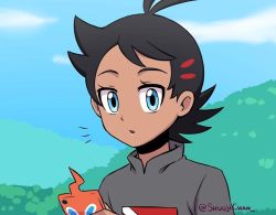 Rule 34 | 1boy, antenna hair, black hair, black shirt, blouse, blue eyes, commentary request, creatures (company), dark-skinned male, dark skin, eyelashes, game freak, gen 4 pokemon, goh (pokemon), holding, holding phone, looking at viewer, male focus, multicolored hair, nintendo, phone, pokemon, pokemon (anime), pokemon (creature), pokemon journeys, print shirt, rotom, rotom phone, sara bon, shirt, solo, spiked hair, streaked hair, surprised