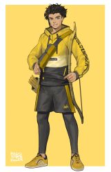Rule 34 | 1boy, alternate costume, artist name, bow (weapon), brown hair, casual, claude von riegan, contemporary, dark-skinned male, dark skin, fire emblem, fire emblem: three houses, green eyes, highres, holding, holding bow (weapon), holding weapon, hood, hoodie, pantyhose under shorts, looking at viewer, male focus, nintendo, pantyhose, quiver, radiostarkiller, shoes, short hair, shorts, simple background, smile, sneakers, solo, weapon, yellow background