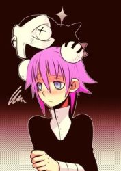 Rule 34 | 00s, androgynous, black skin, colored skin, crona (soul eater), cuff links, gender request, hair between eyes, hands on another&#039;s head, high collar, looking away, lowres, pink hair, purple eyes, ragnarok (demon sword), short hair, soul eater, sparkle, spikes, x x