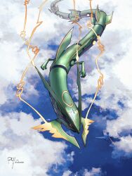 Rule 34 | above clouds, black sclera, claws, cloud, colored sclera, commentary request, creatures (company), dragon, eastern dragon, flying, game freak, gen 3 pokemon, highres, horns, legendary pokemon, mega pokemon, mega rayquaza, nintendo, no humans, outdoors, pokemon, pokemon (creature), rayquaza, red eyes, rolloekaki, signature, solo, watermark