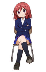 Rule 34 | &gt;:&lt;, 10s, 1girl, :&lt;, blazer, closed mouth, crossed arms, crossed legs, full body, jacket, kneehighs, loafers, looking at viewer, love live!, love live! school idol project, miyako hito, nishikino maki, purple eyes, red hair, school uniform, shoes, simple background, sitting, socks, solo, v-shaped eyebrows, white background
